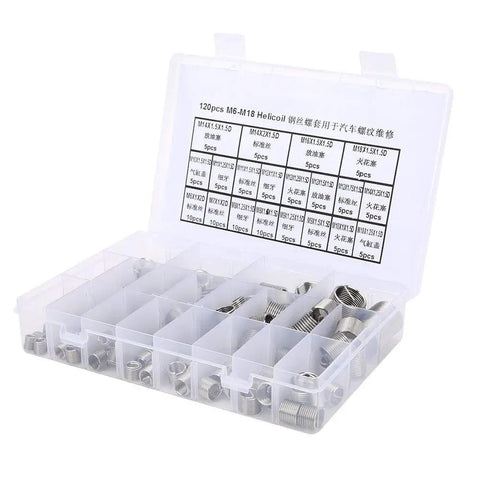 Stainless Steel Thread Repair Kit with M6 to M18 inserts in storage case, ideal for stripped threads in auto or home projects.