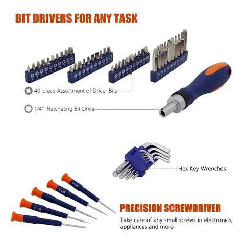 Awesome 188-Piece Home Tool Kit With 14-Inch Large Mouth Opening Tool Bag, precision screwdrivers and bit driver set
