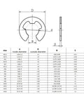 Technical diagram of 316 Stainless Steel E Clip Circlip Retaining Ring Washer for Shaft Fasteners Set with size chart for M1.2-M16.