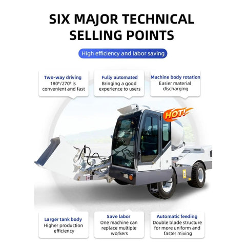 Image of Pro Grade Automatic Concrete Mixer for New Home Projects and Highway Paving, showcasing key features and machine design.
