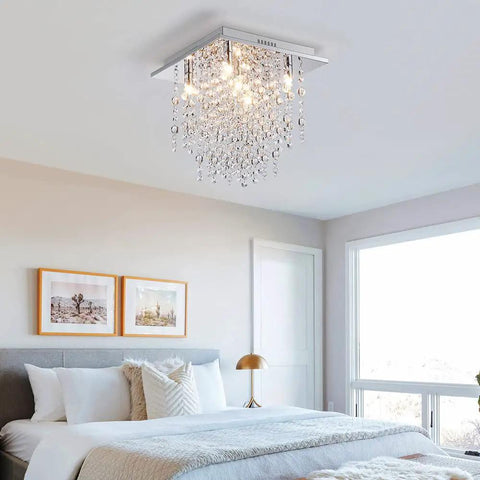 Five Light Modern Flush Mount Crystal Ceiling Light Fixture For Bedroom Dining Room Living Room Close To Ceiling Chandelier Style G9 Bulbs Not Included LED Compatible 12 Inch High 13 Inch Wide 13 Inch Long
