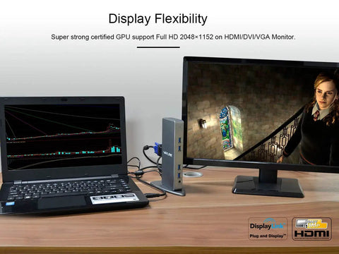 Universal Usb 3.0 Laptop Docking Station Dual Monitor HDMI VGA Gigabit Ethernet six USB ports aluminum build workstation setup