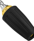Image of Turbo Nozzle For Pressure Washer 4000 PSI Rotating Spray Tip With One Quarter Inch Quick Connect 4.0 GPM, black and yellow design.