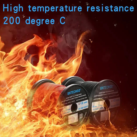 12 Gauge Silicone Wire Spool Red And Black 100ft Flexible 12 AWG Stranded Tinned Copper Wire in flames showing heat resistance.