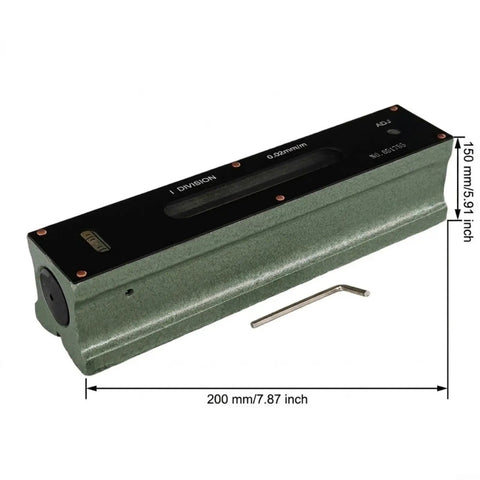 Machinist For Spirit Level, 0.02mm Steel Level For Machine Tool Alignment, 200 mm size, green steel construction, side view with dimensions.