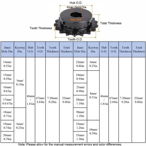 Heavy Duty Hardened Chain Sprocket 1 Inch Bore 15 Tooth 45# Steel Gears technical specifications chart.