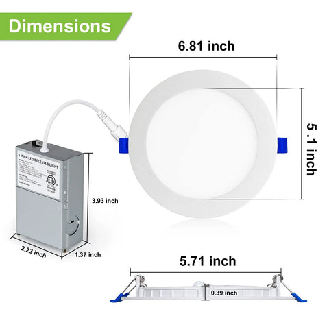 Dimensions of 12 Pack 6 Inch Ultra Thin LED Recessed Ceiling Lights With Junction Box 5 CCT Dimmable Switchable.