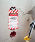 Industrial Safety Lockout Tags Kit 6 Pcs Hanging Do Not Operate Labels for Equipment Repair and Maintenance attached to wires