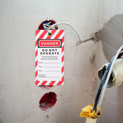 Industrial Safety Lockout Tags With Hanging Labels Kit for equipment, 'Danger Do Not Operate' message, electrical repair setting.