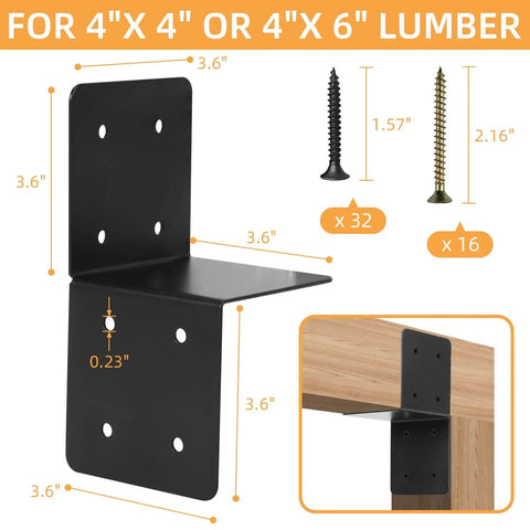 4 Piece Joist Anchor Connectors For 4x4 And 4x6 Wood Posts Heavy Duty Carbon Steel Mounting Brackets with screws, dimensions shown