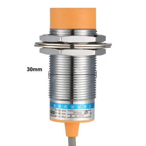 Capacitance Proximity Sensor Switch NPN NO DC 6-36V 300mA 3-Wire 25mm Detect Distance, front view of sensor with 30mm thread