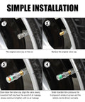 Four Pack Tire Pressure Monitor Valve Stem Caps With Three Color Eye Alert Reads 2.4 Bar 36 PSI For Car Tires Universal Valve Stem Caps No Fuss Install Durable Silver Finish shown in a step-by-step installation guide.