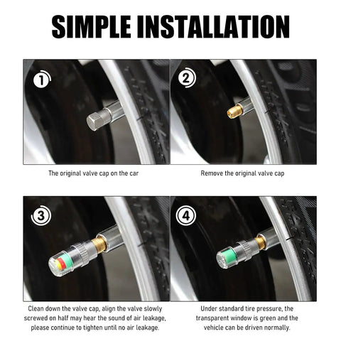 Four Pack Tire Pressure Monitor Valve Stem Caps With Three Color Eye Alert Reads 2.4 Bar 36 PSI For Car Tires Universal Valve Stem Caps No Fuss Install Durable Silver Finish shown in a step-by-step installation guide.