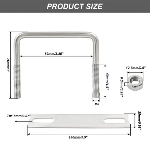 Heavy Duty 304 Stainless Steel Square U Bolts Four Pack With Plates And Nuts M8 Thread 82mm Inner Width 75mm Length diagram