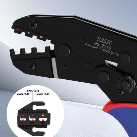 Heavy Duty Ratcheting Terminal Crimper For AWG 22 To 10 Gauge Wire with adjustable jaw markings for precise crimping.