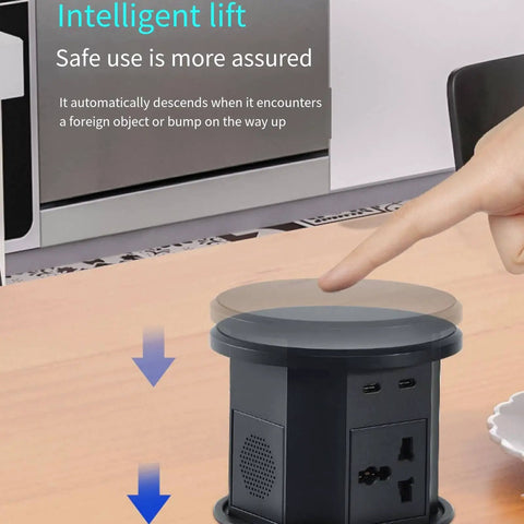 Hella Convenient Smart Pop Up Desk Power Strip With Built In Wireless Charging showing intelligent lift feature on a desk.
