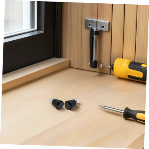Black Metal Spring Pins Set of 4 Locking Plungers For Heavy Industrial Gear on wooden surface with tools nearby.