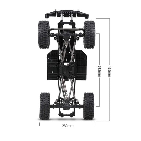 313mm Wheelbase Chassis Frame With Tires For 1 To 10 Scale SCX10 II 90046 90047 RC Crawler DIY Build Kit With Brushed 540 35T Motor And Durable Hardened Steel Frame For Tough Trail Crawling, shown from top view with measurement lines.