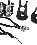 Nine Sixteenth Inch Bicycle Pedals With Adjustable Toe Clips And Straps for Exercise and Mountain Bikes, silver and black.