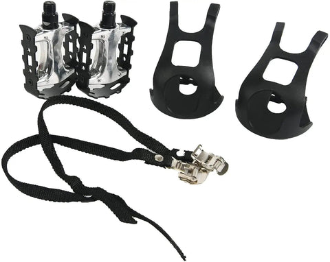 Nine Sixteenth Inch Bicycle Pedals With Adjustable Toe Clips And Straps for Exercise and Mountain Bikes, silver and black.