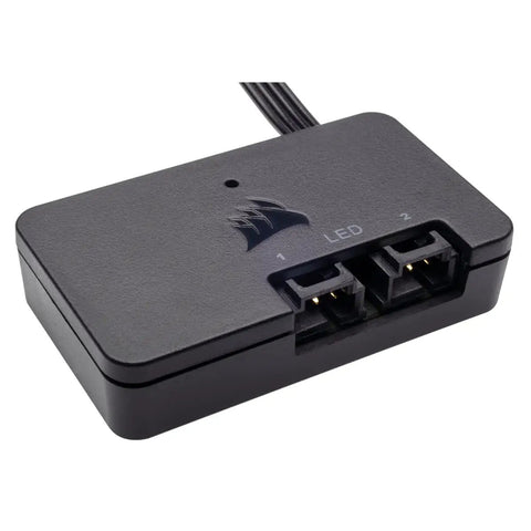 Close-up of iCUE Lighting Node PRO RGB Lighting Controller with two LED channel outputs and USB connectivity for PC lighting.