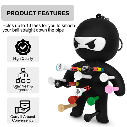 Ninja Golf Tee Holder Keychain Portable Tee Organizer For Golf Bags Includes 10 Colorful Tees A Dope Gift For Men And Women Black On