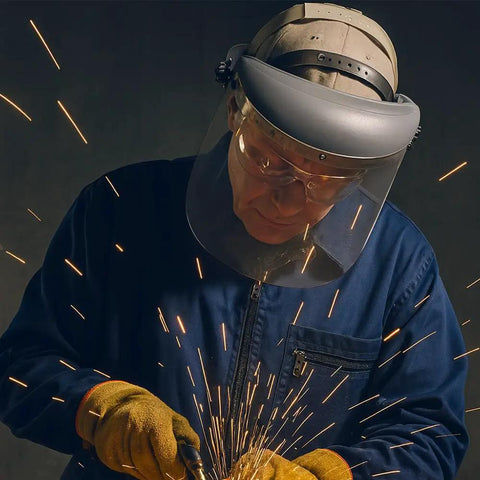 Worker wearing Six Pack PET Face Shield Replacement Visors Clear 15.3x7.7 Inch Safety Shields for industrial use, sparks flying.