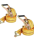 Tough As Nails Heavy Duty Ratchet Straps 2 Pack 2 Inch By 20 Feet, yellow straps with double J hooks for securing gear.