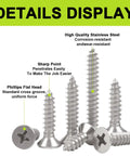 Size 4 Flat Head Wood Screws Assortment Kit 420 Pcs Stainless Steel 304 Phillips Short Screws for Cabinet Hinge Mounting Electronics