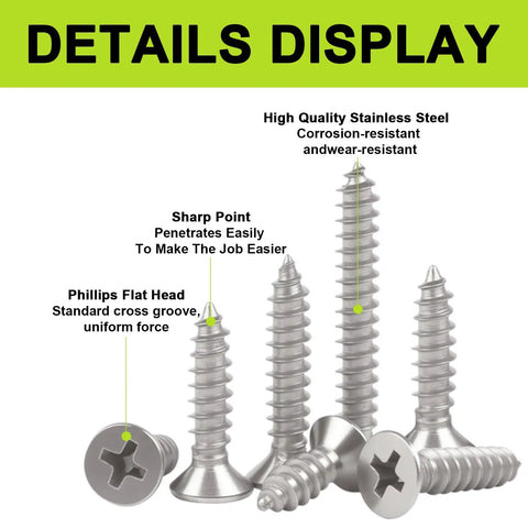 Size 4 Flat Head Wood Screws Assortment Kit 420 Pcs Stainless Steel 304 Phillips Short Screws for Cabinet Hinge Mounting Electronics