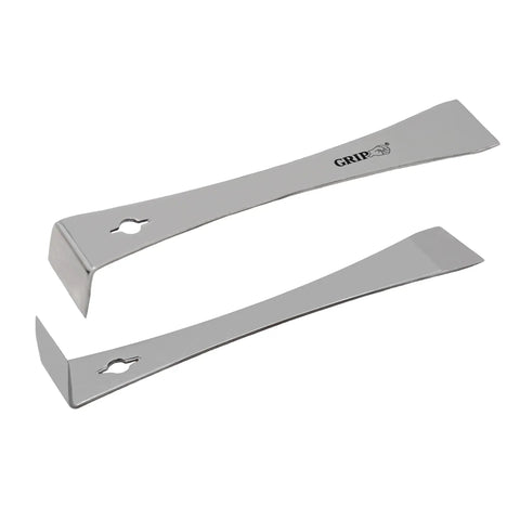 9 Inch Stainless Steel Pry Bar With Nail Puller For Molding Around Doors Windows And Flooring Chrome Vanadium Drop Forged Rust Resistant Tool, showing two pry bars from different angles.