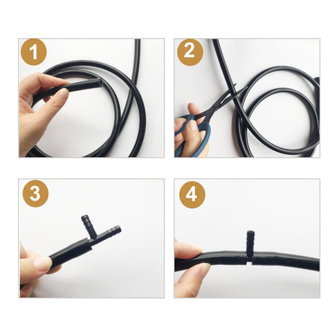 Dope Silicone Vacuum Tubing Kit With 12 Sizes And 120 Nylon Connectors 1 Eighth To 3 Eighth Inch ID 6.6 Foot Length High Performance Auto Replacement Hose Set Prevents Collapsing And Kinking Great For Cars Boats And DIY Projects showing step-by-step cutting and connecting process.
