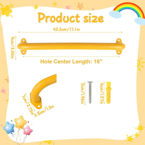 Dimensions of yellow handle from Six Colors 17.1 Inch Indoor Monkey Bars Handles Set 6 Pack Kid Friendly One Inch Diameter For Indoor Outdoor Playgrounds Climbing Frames Ceiling Grab Bars Wall Ladders Treehouses And Swing Sets