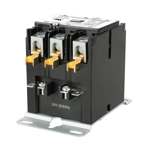 Front view of 3 Pole 24V AC 40A Heavy Duty HVAC Contactor for condenser and compressor replacement, UL Listed, for residential and commercial systems.