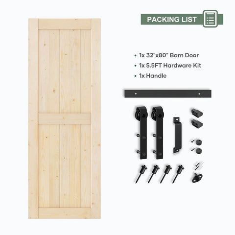 32x80 Inch Sliding Barn Door Slab With 5.5 Foot Hardware Kit Spruce Solid Wood Construction Easy DIY Assembly Rustic Barn Style Entry Door