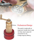 Close-up of Brass Wristwatch Repair Kit tool with ergonomic non-slip handle and mechanical watch in background.