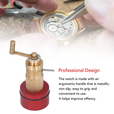 Close-up of Brass Wristwatch Repair Kit tool with ergonomic non-slip handle and mechanical watch in background.