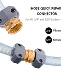 Garden Hose Repair Kit With Quick Connectors No Fuss All Metal Aluminum Mender Fittings Zinc Clamp System For Five Eighth Inch And Three Quarter Inch Hoses Includes Three Male And Three Female Connectors Six Clamps And Six Gaskets side view