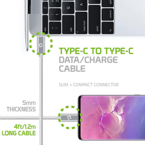 Dual USB C PD 60W Fast Charging Cable With 5Gbps Data Transfer For Power Delivery High Capacity Charging For Mobile Devices Tablets And More Black Ultra Durable Braided Cable, 4ft white braided USB-C to USB-C cable connected to laptop and phone