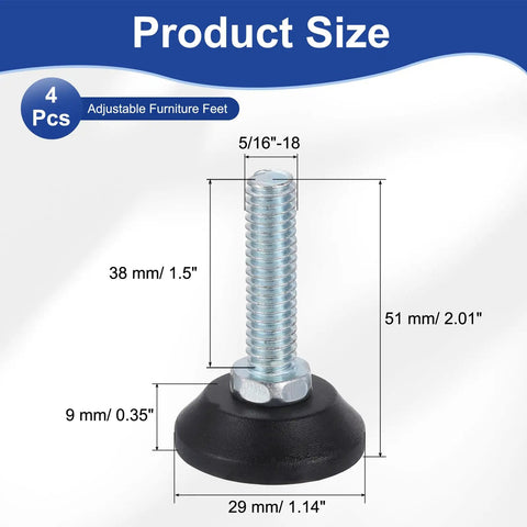 Diagram showing size details of Five Sixteenth Inch Thread Adjustable Furniture Levelers Four Pack Screw In Feet, black base, 1.14 inch width.