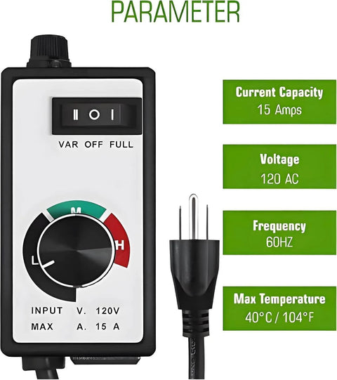 Front view of AC Motor Speed Controller For Fans Up To 15A Max 120V Adjustable Dial In For Hydroponics with 6-foot cord