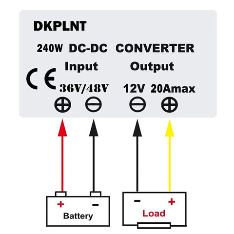 Diagram of 12V Golf Cart Converter 20A 240W 36V Or 48V Input To 12V Output showing battery and load connections.