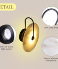 Nordic Style Stone Wall Lamp With Alabaster Finish, Metal Base Indoor Sconce For Living Room Dining Room Hallway Or Study, showing details of iron lamp body, LED source, alabaster shade.
