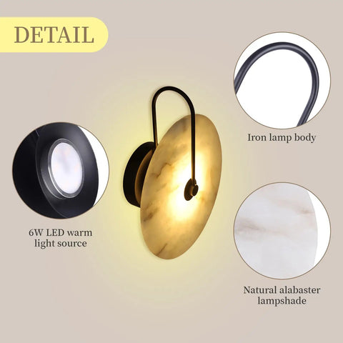 Nordic Style Stone Wall Lamp With Alabaster Finish, Metal Base Indoor Sconce For Living Room Dining Room Hallway Or Study, showing details of iron lamp body, LED source, alabaster shade.