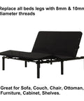 12 Inch Adjustable Bed Legs Replacement Screw In Sets With Felt Bottoms Compatible M8 M10 Threads shown on a black platform bed frame.