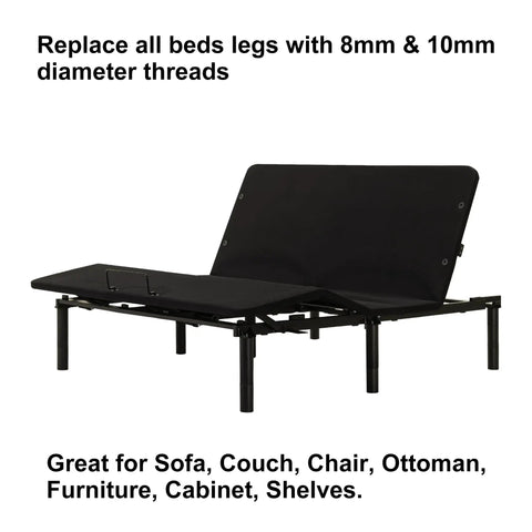 12 Inch Adjustable Bed Legs Replacement Screw In Sets With Felt Bottoms Compatible M8 M10 Threads shown on a black platform bed frame.
