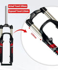 Close-up of 26 Inch Mountain Bike Suspension Fork With 100mm Travel Mechanical Lockout One And One Eighth Inch Straight Tube 9mm QR Disc And V Brake Compatible Dual Mount Lightweight Aluminum Black Blue showing 110mm exposure.