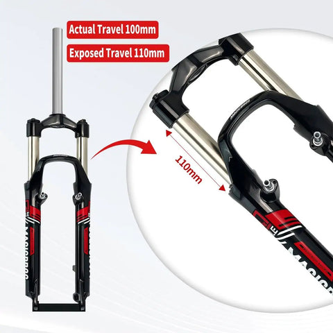 Close-up of 26 Inch Mountain Bike Suspension Fork With 100mm Travel Mechanical Lockout One And One Eighth Inch Straight Tube 9mm QR Disc And V Brake Compatible Dual Mount Lightweight Aluminum Black Blue showing 110mm exposure.
