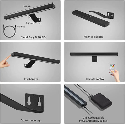 Wireless Picture Light With USB Rechargeable Battery Remote Control Dimmable No Fuss Timer Off 16 Inch Full Metal Accent Lamp With 40 LEDs For Paintings Frames And Canvas Art Display showing features like magnetic attach, touch switch, and remote control.