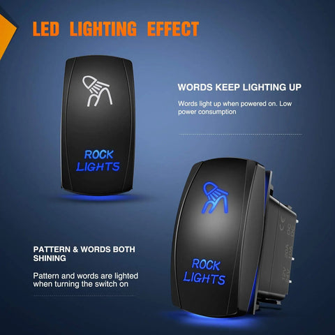 Rock Lights With Five Pin On Off Rocker Switch LED Light Bar For Jeep Boat Truck, Laser On Off, blue LED glow effect